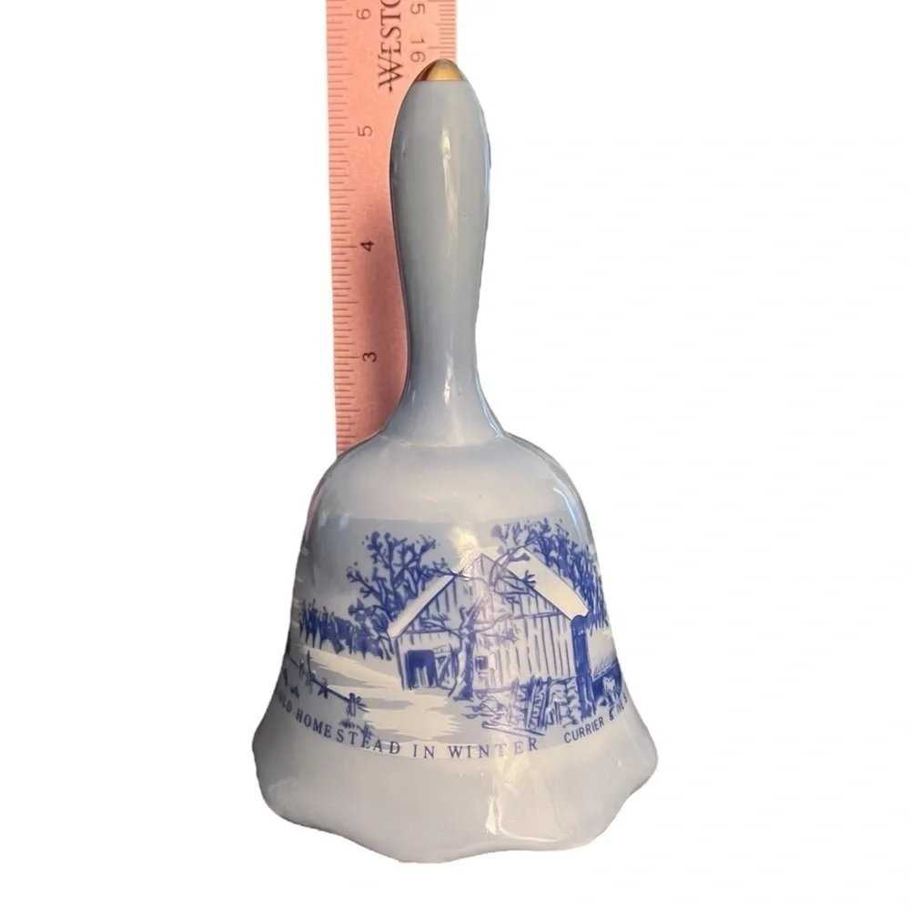 CURRIER & IVES Blue White Vintage Porcelain Bell The Old Homestead In Winter 5.5